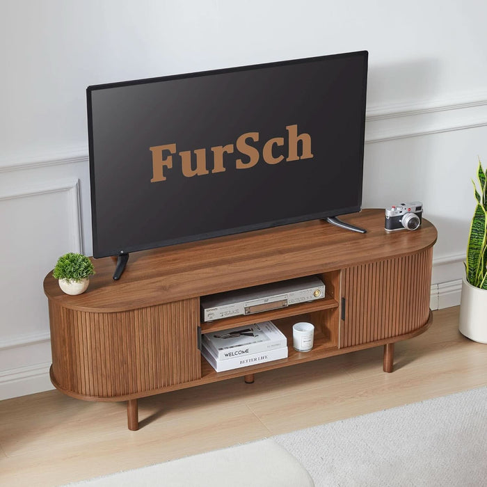 54" Tambour Door TV Stand,Wood Mid Century Modern TV Cabinet for up to 65“ Tv,Curved Edge Long TV Stand with Storage for Bedroom Living Room(Walnut, 54Inch)