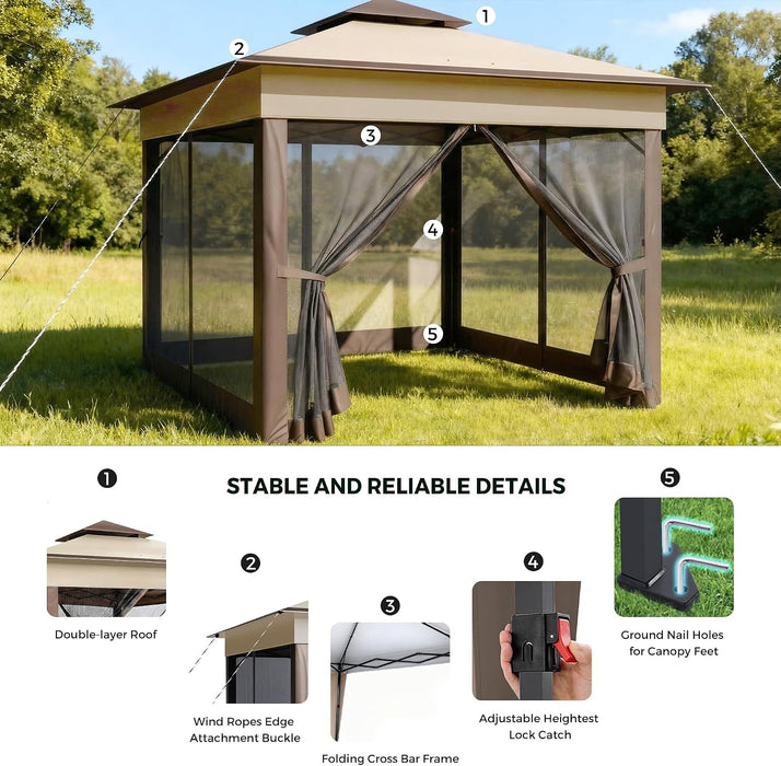 11X11 Pop up Gazebo Tent with Netting,Outdoor Canopy Shelter Easy Setup with Upgrade Wheeled Storage Bag,3 Height Positions& Water-Resistant for Family Patio & Garden Use (Khaki)