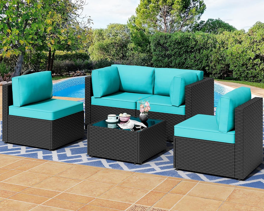 5 Pieces Outdoor Patio Sectional Sofa Couch, Black PE Wicker Furniture Sets, Patio Conversation Sets with Washable Cushions Glass Coffee Table for Garden, Poolside, Backyard,Blue