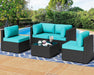 5 Pieces Outdoor Patio Sectional Sofa Couch, Black PE Wicker Furniture Sets, Patio Conversation Sets with Washable Cushions Glass Coffee Table for Garden, Poolside, Backyard,Blue