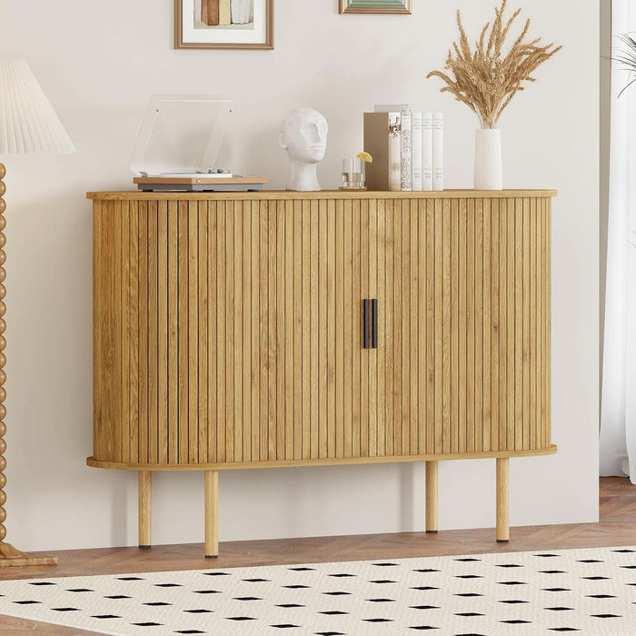 Sideboard Buffet Cabinet with Storage, 47” Mid Century Modern Accent Cabinet, Sliding Door Entryway Small Storage Cabinets for Kitchen, Living Room, Entryway, Oak