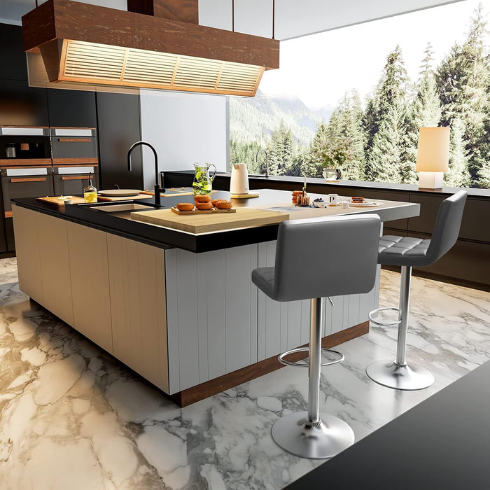 Bar Stools Modern PU Leather Adjustable Swivel Barstools, Armless Hydraulic Kitchen Counter Bar Stool Extra Height Square Island Barstool with Back Set of 2 (Leather, Deep Gray)