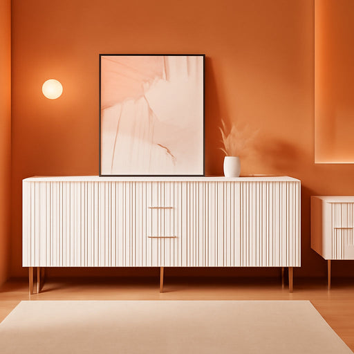 White Sideboard Cabinet with 3 Drawers, Glossy Fluted Buffet Storage Cabinet with Adjustable Shelves, Buffet Sideboard Credenza Accent Cabinet with Doors for Kitchen, Living Room (1 Piece)