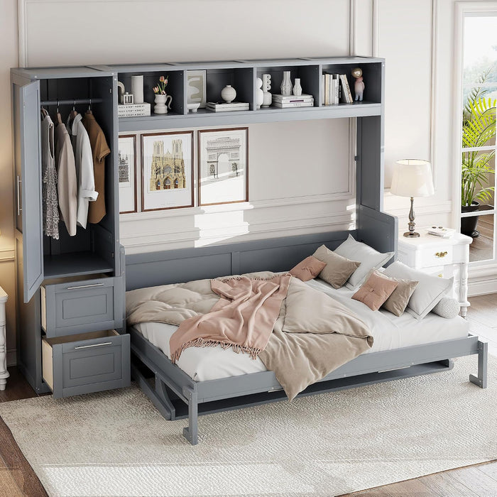 FullSize Murphy Wall Bed BuiltInCloset Drawers Gray
