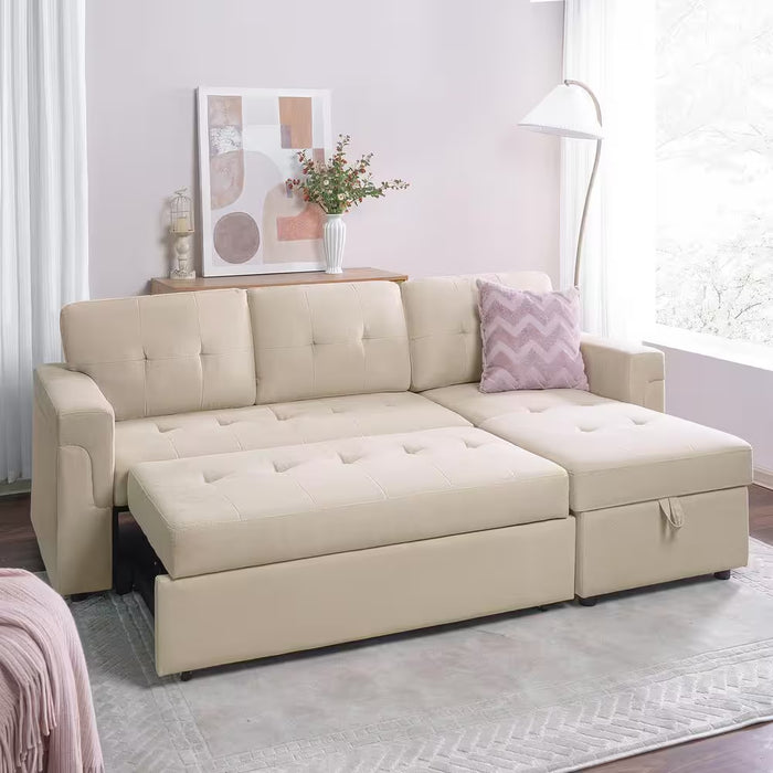 84.64 In. Velvet L-Shaped Sleeper Sectional Sofa with Square Arms In. Beige, Reversible Chaise, and Pull-Out Sofa Bed