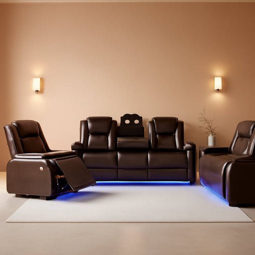 Breather Leather Power Recliner Sofa Couch Set with Adjustable Headrest and Cup Holders, Reclining Couches with Bluetooth Speaker and Wireless Charging for Living Room. Brown