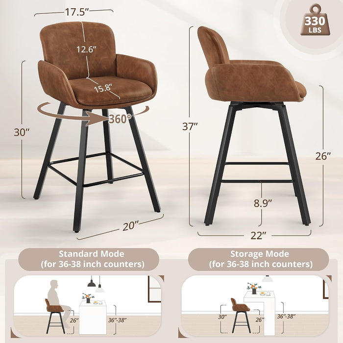 26" Swivel Bar Stools Set of 3, Counter Height Bar Stools with Backrest and Arms, Modern Upholstered Barstools with Metal Legs for Kitchen Island, Brown