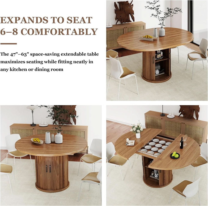 47.2"–63" Extendable Dining Room Table for 4-8, Round-To-Oval Expandable Dining Table with Dust-Proof 2-Tier Shelf, Space-Saving Wood Kitchen Table for Living Room, Walnut