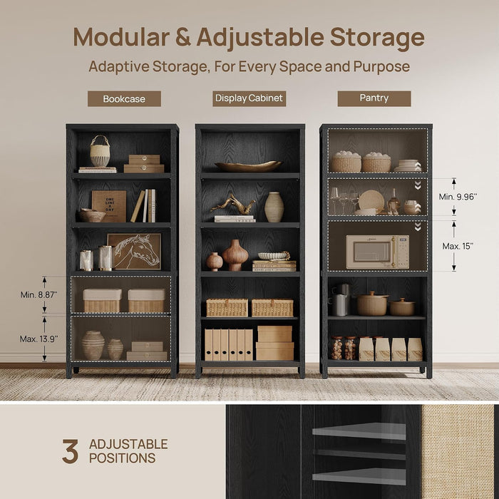 71" Tall Bookcase 5 Tier Rattan Bookshelf with Doors for Library | Farmhouse Storage Book Shelf with Adjustable Shelves Large Book Case Bookshelves for Living Room Home Office Bedroom Kitchen