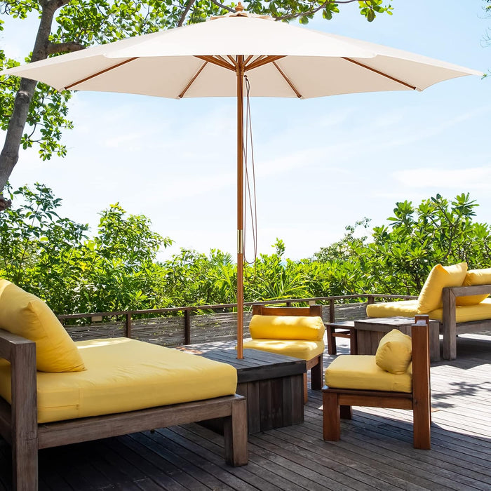 10FT Patio Umbrella, Outdoor Table Market Umbrella W/8 Wooden Ribs, 3 Adjustable Heights, Rope Pulley System, Detachable Pole, Wooden Patio Umbrella for Garden, Poolside, Backyard (Beige)