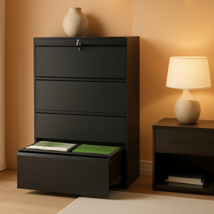 File Cabinets 4 Drawer,Metal Office Storage Filing Cabinet with Lock,Black Lateral Filing Cabinet for Home Office,Horizontal Locking File Cabinet for Legal/Letter/A4,Assembly Require,Black