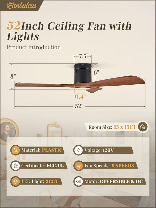 52" Ceiling Fans with Lights and Remote Control,Modern Flush Mount Ceiling Fan with 3 LED Colors,Outdoor Low Profile Ceiling Fans with 6-Speeds Timer DC Motor for Bedroom Living Room Patio