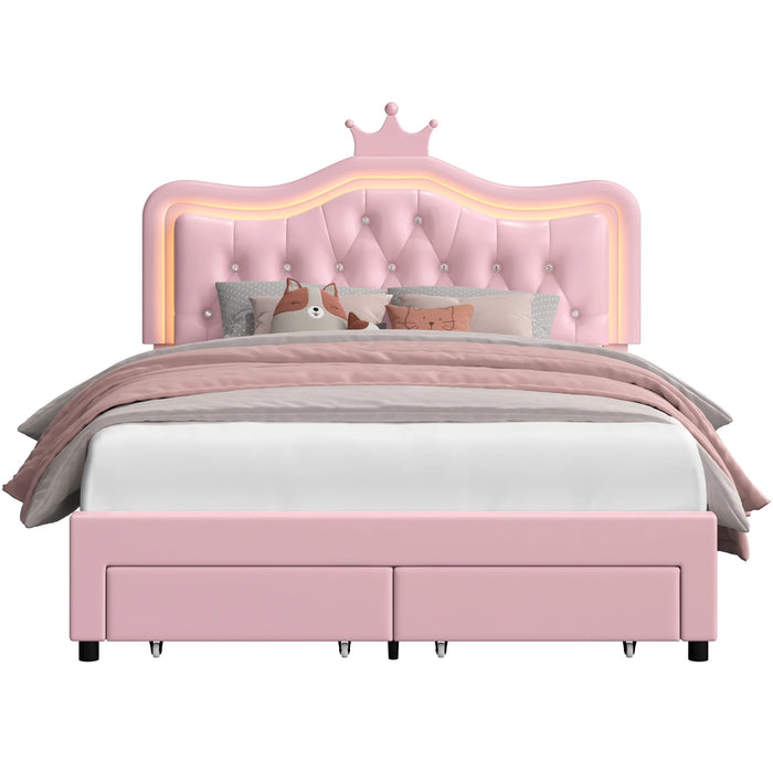 Full Size LED Upholstered Bed with Adjustable Crystal Button Tufted Crown Headboard, Soft PU Princess Platform Bed with Storage Drawers, Pink