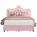 Full Size LED Upholstered Bed with Adjustable Crystal Button Tufted Crown Headboard, Soft PU Princess Platform Bed with Storage Drawers, Pink