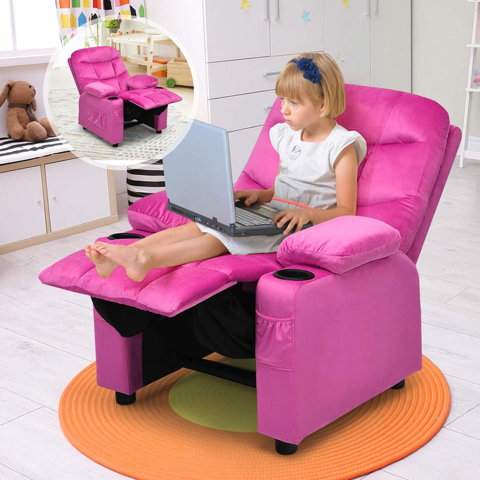 Kids Velvet Recliner Chair with Cup Holder, Footrest & Side Pockets for Children Boys Girls Baby Bedroom, Adjustable, Ergonomic Toddler Furniture Sofa Gifts (Rose)