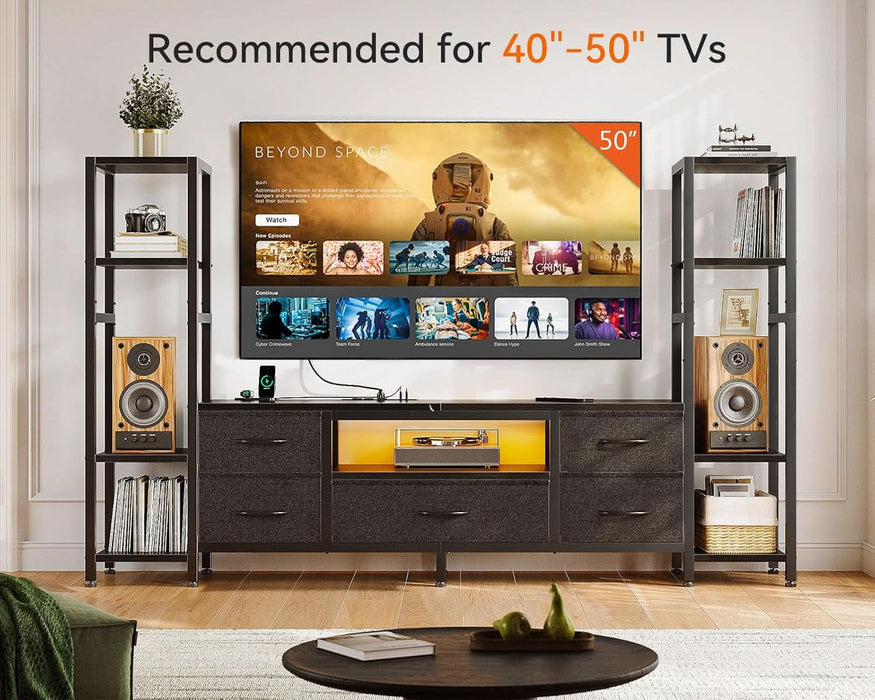 TV Stands for 40/43/50 Inch TV, Entertainment Center with LED Lights & Power Outlets, TV Stand Living Room with 5 Fabric Drawers, TV Console Cabinet for Bedroom, Black
