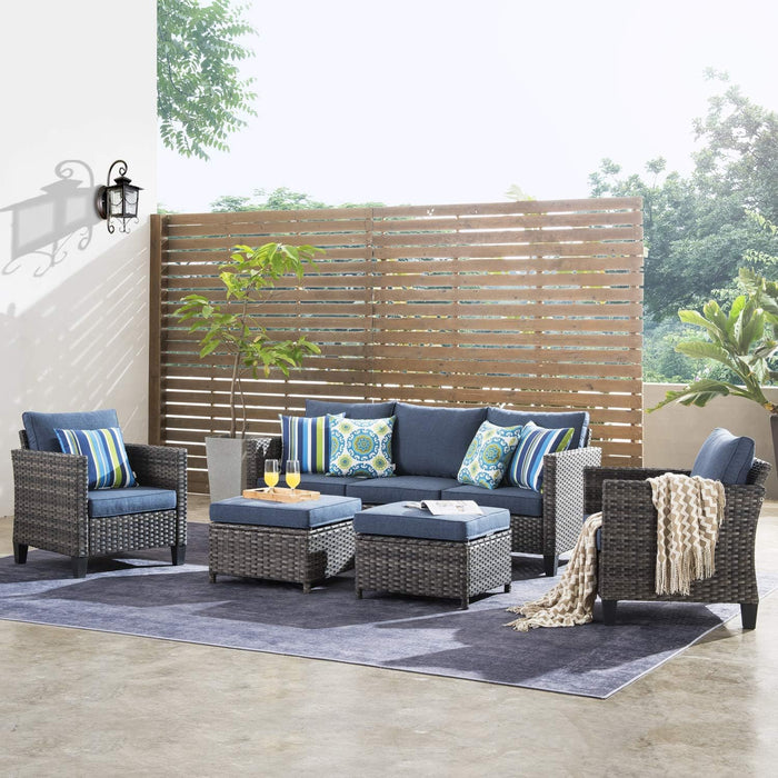 Patio Furniture Set, 5 Pieces Outdoor Wicker Rattan Sofa Couch with Chairs, Ottomans and Comfy Cushions, All Weather High Back Conversation Set Garden Backyard, Denim Blue