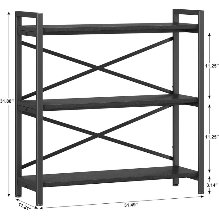 3 Tier Bookshelf 31.49" Width, Wood and Metal Etagere Bookcase, Vintage Farmhouse Modern Wooden Big Book Shelf for Home Living Room Bedroom Office Storage(Black)