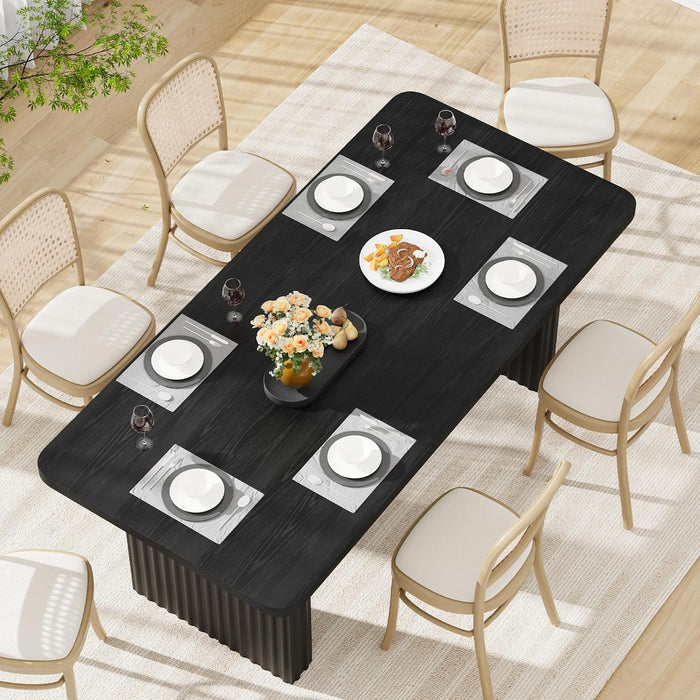 Modern Dining Table for 6-8, 71" Rectangular Farmhouse Kitchen Table with 3.6"×22.9" Black Fluted Wave Metal Legs & Wooden Top, Large Dining Table for Home Office, Dining, Black