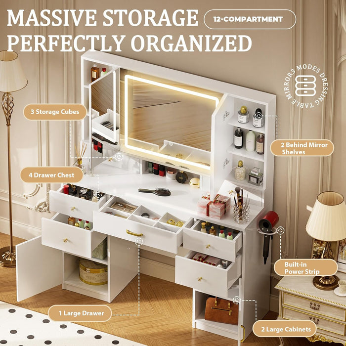 Makeup Vanity Desk with Lights & 3 Way Mirror, Large Girls Vanity Table Set with Charging Station, 3 Lighting Modes & 360° View Mirror, 9 Drawers Dresser for Bedroom, White