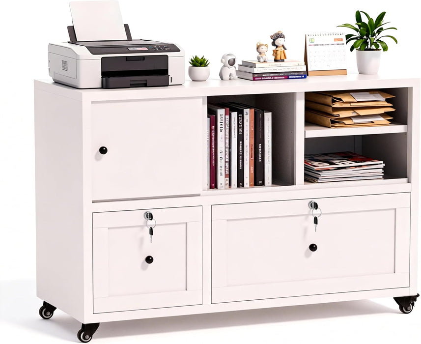 2 Drawer Mobile File Cabinet with Lock,Metal Lateral Filing Cabinet with Shelves,Printer Stand with Storage