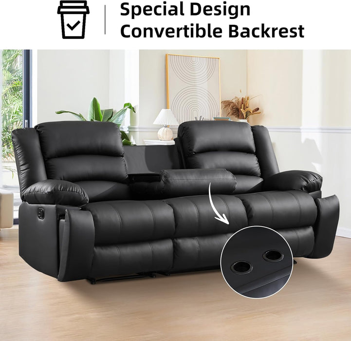 Faux Leather Manual Recliner Sofa Set, Loveseat Reclining Sofa and 3 Seat Recliner Sofa, Couch Set for Living Room, Bedroom, Meeting Room, Black(Loveseat+Sofa)