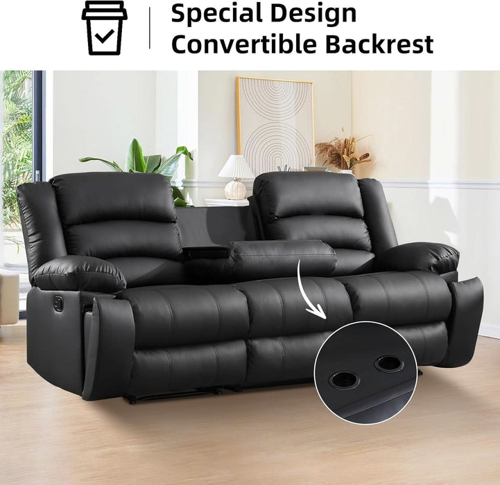 Faux Leather Manual Reclining Sofa with 2 Concealed Cup Holders, Overstuffed Armrest 3 Seat Recliner Sofa, Couch for Living Room, Meeting Room, Bedroom, Black