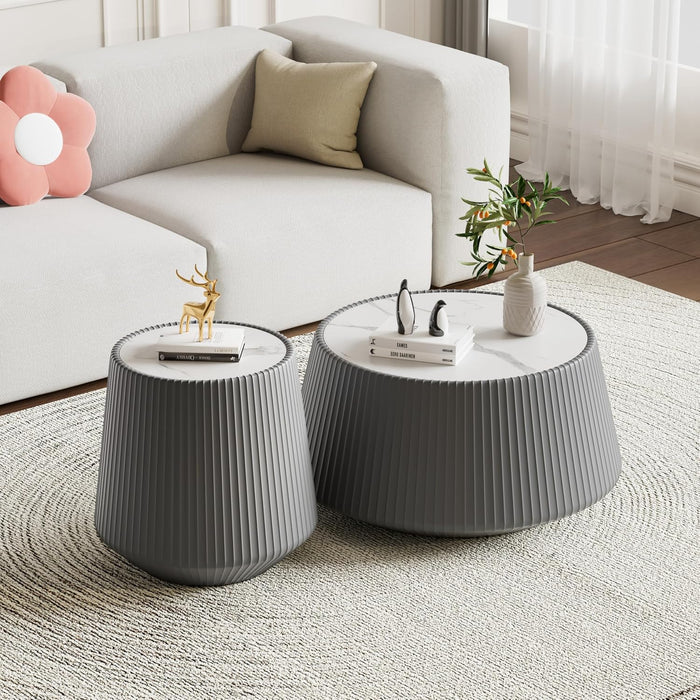 Grey round Coffee Table with Sintered Stone Tabletop, 26.77" Drum Coffee Table with Fluted PU Leather Covered and Stable Base, Circle Cocktail Tea Table for Living Room