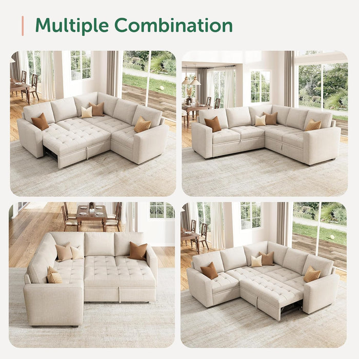 Beige Modular Sleeper Sectional Sofa With StorageBin