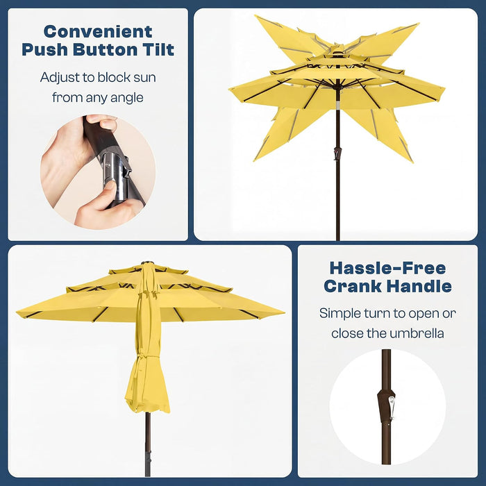 10Ft 3 Tier Patio Umbrella, Outdoor Market Table Umbrella with UPF 50+ Vented Canopy, 8 Sturdy Ribs, Easy Push Button Tilt and Crank, Windproof for Deck, Pool, Backyard and Garden