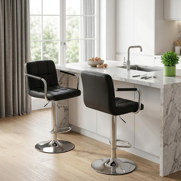 Swivel Bar Stools Set of 4, PU Leather Counter Height Bar Chairs | Adjustable Height, Barstools with Metal Armrests, Backrest, Water-Resistant, Kitchen Island, Pub, Dining Room, Black