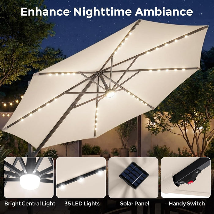 10 FT Solar Patio Umbrella with Base Included, Cantilever Offset Outdoor Umbrella with 35 LED Lights & Center Light, 360° Rotation, Aluminum Pole, 8 Heavy-Duty Ribs for Yard Pool Deck