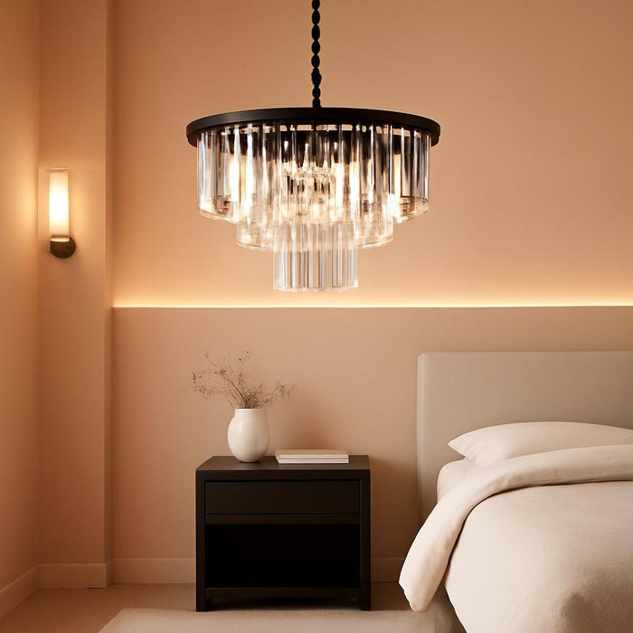 Crystal Chandeliers for Dining Room Lights Fixtures, 9 Lights Black Modern Chandeliers for Bedroom, 3-Tier round Crystal Lighting Fixtures for Living Room Entryway Kitchen Island D20 Inch