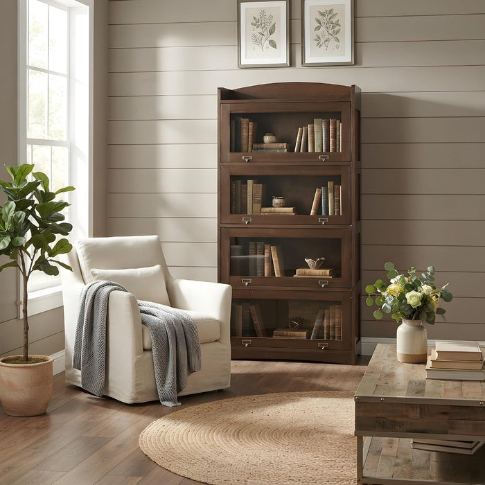 Solid Oak Wood Barrister Bookcase with Glass Doors, Mission-Style Tall Bookshelf for Home Office, Walnut