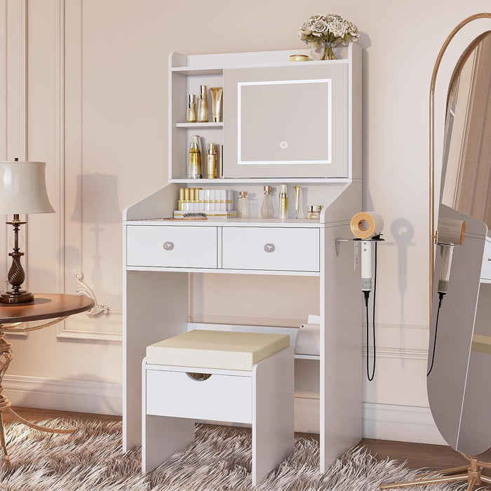 Vanity, Small Vanity Desk with Sliding Mirror, Dimmable LED Lights, 2 Drawers,Vanity Table Ideal for Bedroom (White)