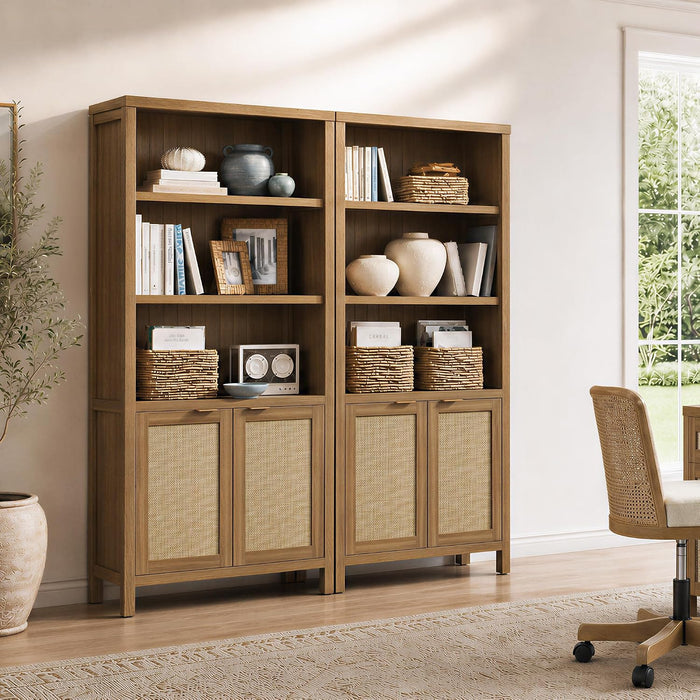 71" Tall Bookcase 5 Tier Rattan Bookshelf with Doors for Library | Farmhouse Storage Book Shelf with Adjustable Shelves Large Book Case Bookshelves for Living Room Home Office Bedroom Kitchen