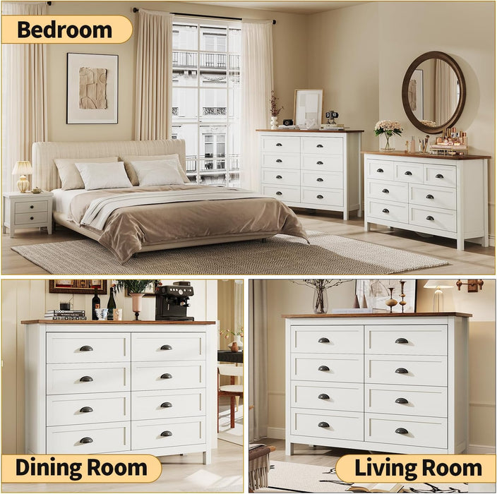 Farmhouse White Dresser for Bedroom, 8 Drawers Dresser