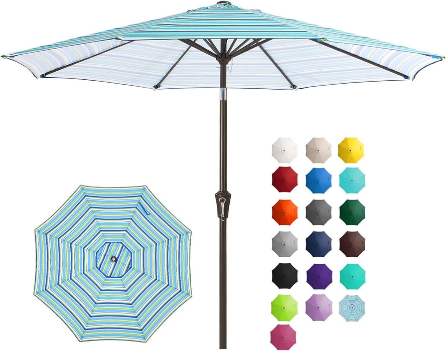 9FT Outdoor Patio Umbrella Outdoor Table Umbrella with Push Button Tilt and Crank, Market Umbrella 8 Sturdy Ribs UV Protection Waterproof for Garden, Deck, Backyard, Pool (Blue Green Stripe)