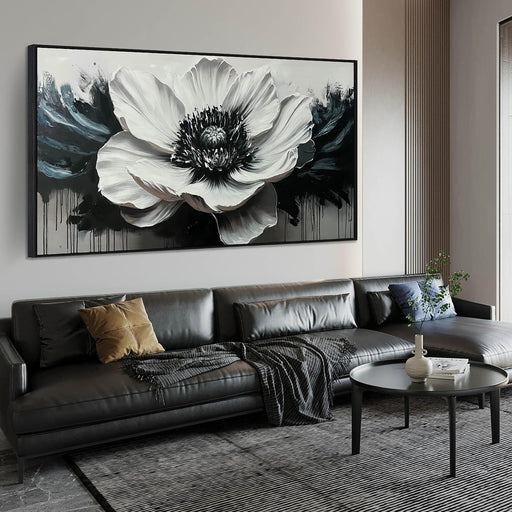 Flower Canvas Art Wall Decor for Living Room - Black and White Hand Painted Painting for Bedroom - Large Picture Frames for Wall Size 29" X 59"