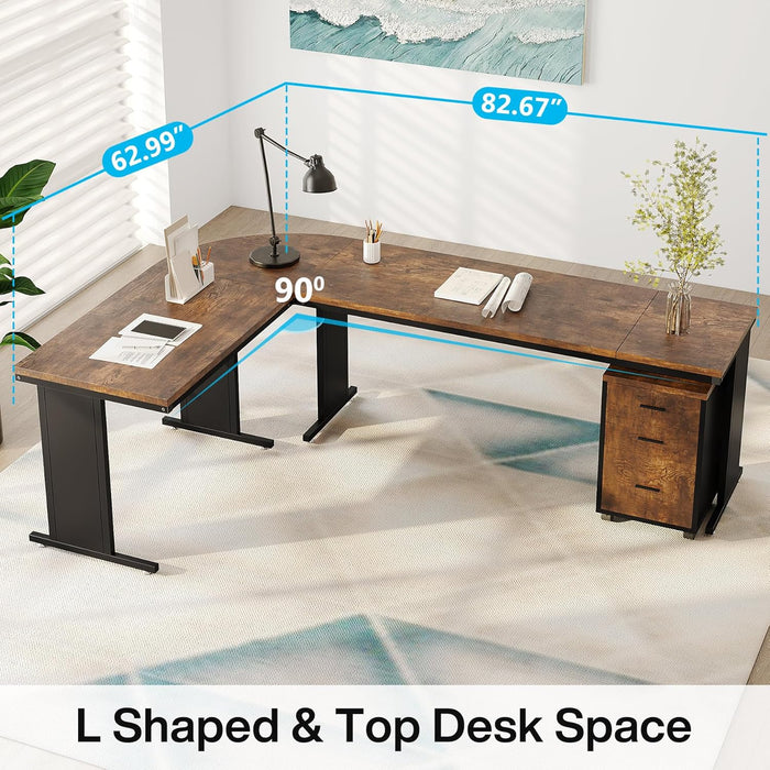 83" L-Shaped Executive Desk, Large Office Desk with Drawers, Industrial Corner Computer Table with Rolling File Cabinet, Business Workstation for Home Office (Brown, 83 Inches)