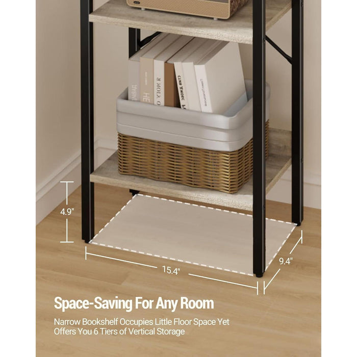 Bookshelf, Book Shelf, Industrial Bookcase with 2 Hooks, Coner Shelf Storage Organizer for Home Office, Living Room, Bedroom, Kitchen, 6-Tier Greige BC10705B