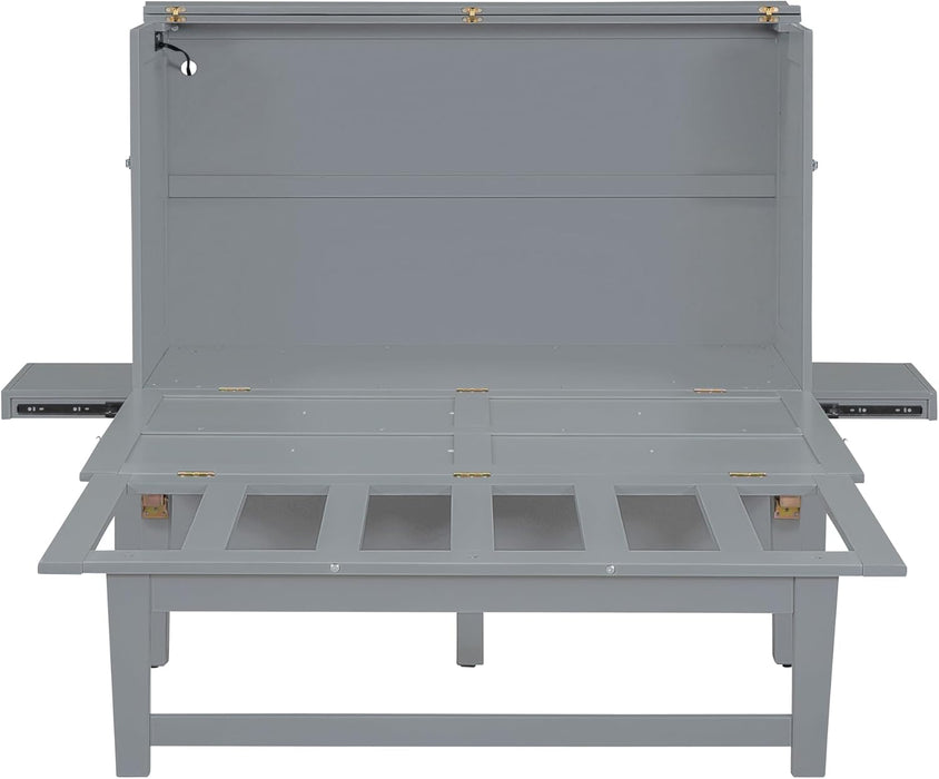 Full Size Murphy Bed with USB Port, Desk and Removable Shelves on Each Side, Full Platform Bed Wood Frame, for Guest Room Home Office - Gray