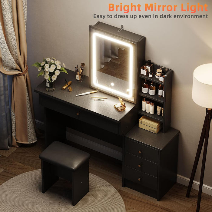 Black Makeup Vanity Desk with Sliding Mirror & 4 Drawers | Smart LED Mirror, 3 Adjustable Lighting Modes, Vanity Chair, 4 Drawers, 7 Shelves, Dressing Table for Women, Girls
