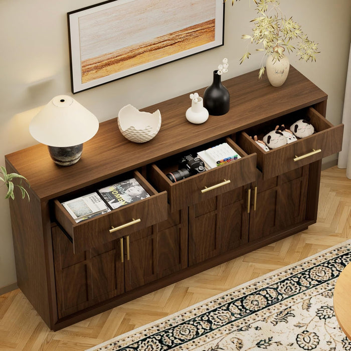 59" Sideboard Buffet Cabinet, 3 Drawers, 4 Doors, Walnut | Modern Coffee Bar Cabinet with Gold Handles, Long Sideboard Buffet Table for Kitchen