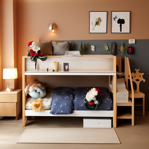 Full over Full Bunk Bed with Trundle and Storage Stairs, Solid Wood Bunk Bed with Foldable Desk, No Box Spring Needed, for Kids, Teens & Adults (White+Wood)