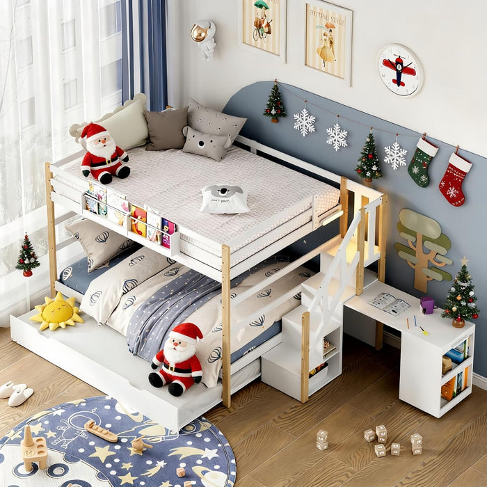 Full over Full Bunk Bed with Trundle and Storage Stairs, Solid Wood Bunk Bed with Foldable Desk, No Box Spring Needed, for Kids, Teens & Adults (White+Wood)