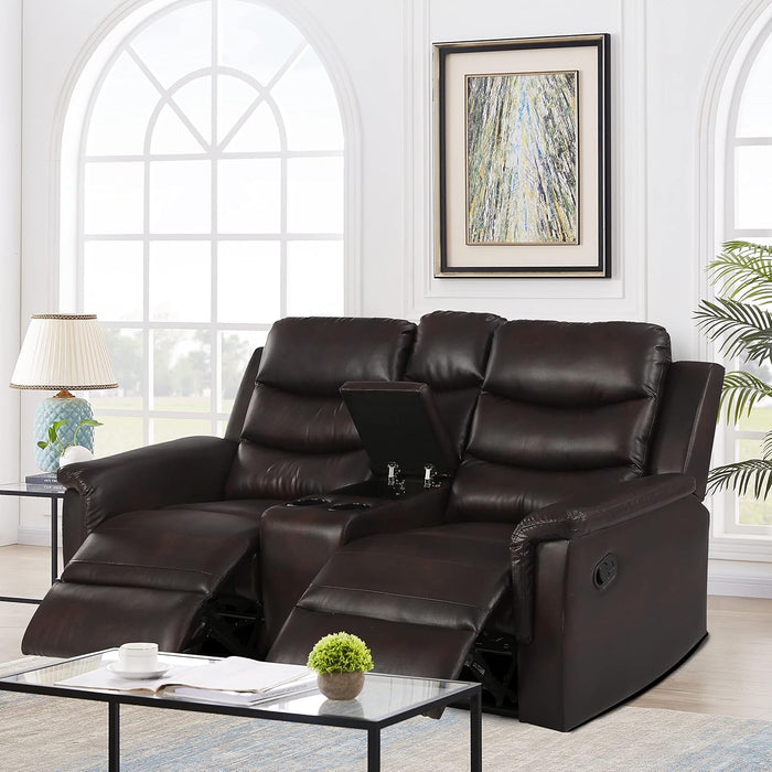 Black Faux Leather Loveseat Sofa with Recliners and Cup Holders