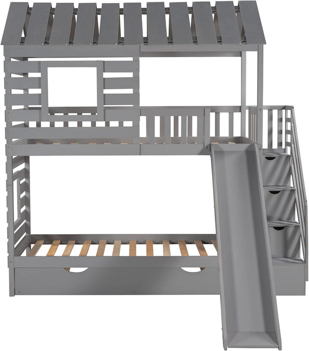 Twin over Twin House Bunk Bed, Wooden Bed Frame with Trundle and Slide, Storage Staircase, Roof and Window Design, Gray