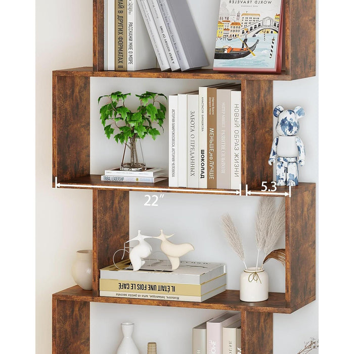 Geometric Bookcase, Bookshelf 6-Tier S Shaped Book Shelves for Bedroom, Modern Wood Decorative Display Shelf Tall Book Case for Home Office, Rustic Brown