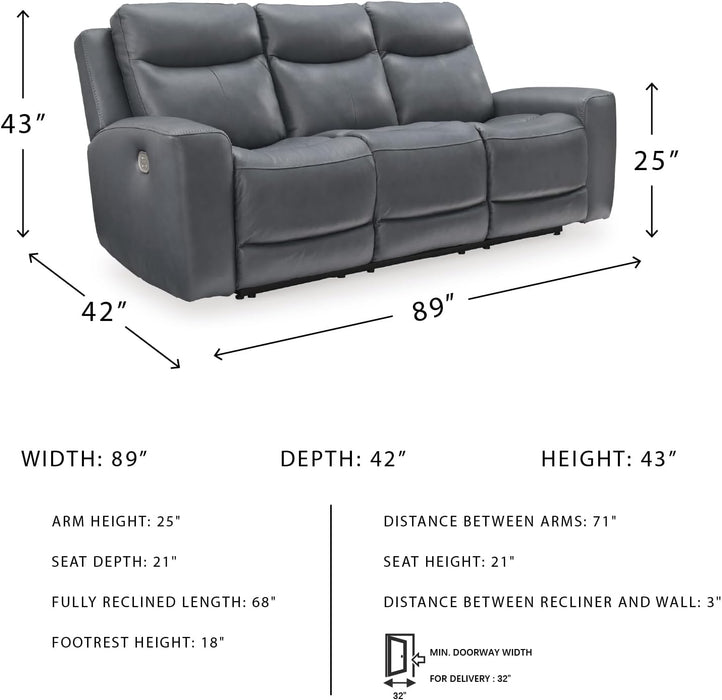 Signature Design by Ashley Mindanao Contemporary Leather Match Upholstered Power Reclining Sofa with Adjustable Headrest and USB Ports, Gray